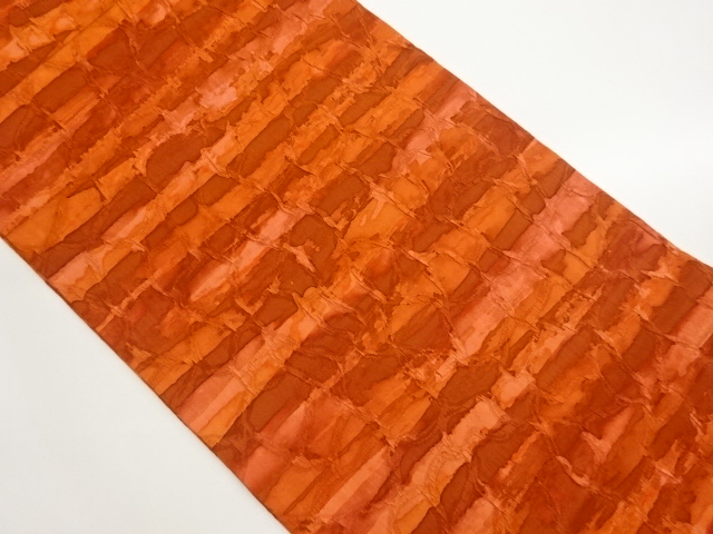 ふくれ織横段に抽象模様開き名古屋帯（額縁仕立て）